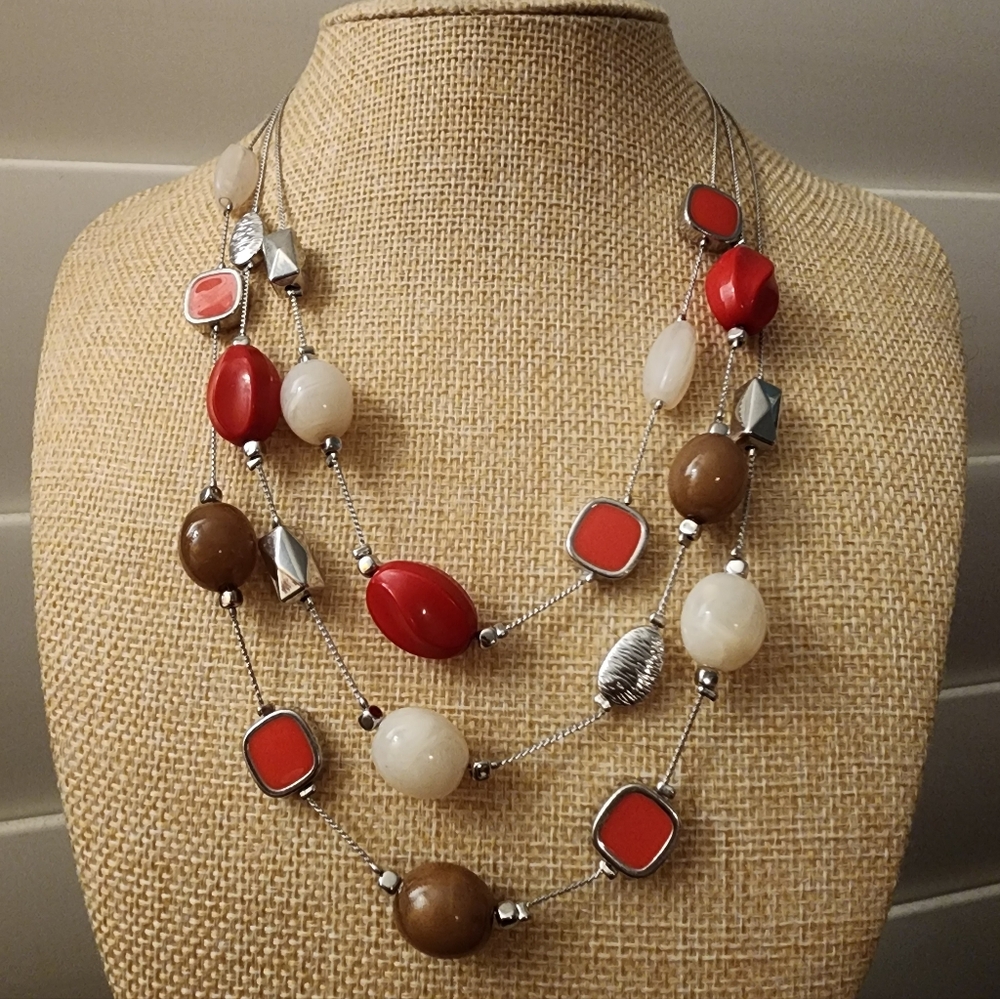 NY&Co. 3 Strand Satellite Necklace Red Brown Cream Earthy Beaded Silver-tone